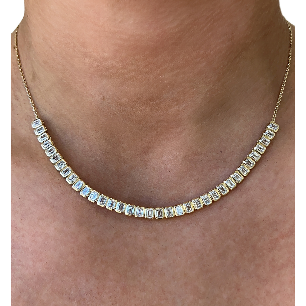 Lab-Grown Emerald Cut Bezel Halfway Tennis Necklace