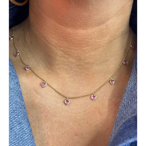 Pink Sapphire Bezel Heart Bead Chain Necklace on neck