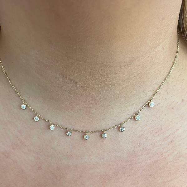 Dainty Round Bezel Dangle Necklace on neck