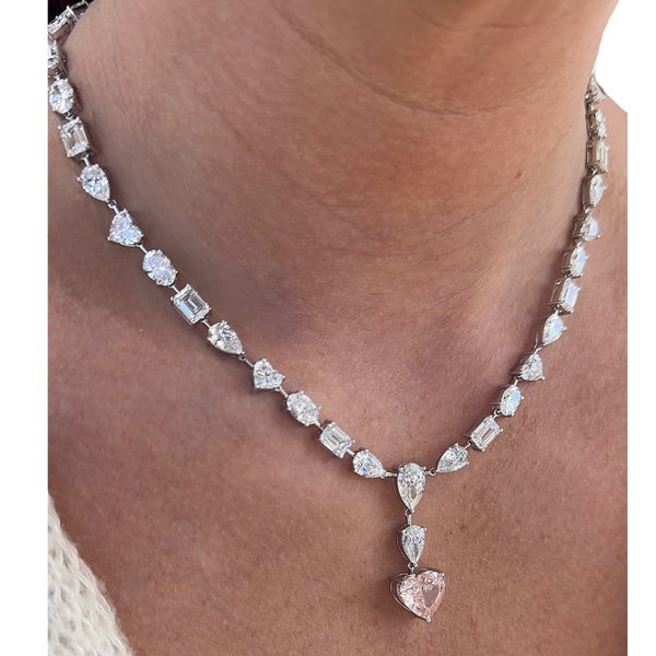 Lab-Grown Multi-Shape Tennis Pink Diamond Heart Lariat Necklace