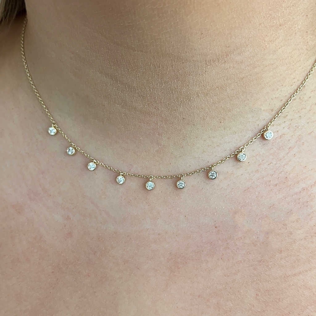 Dainty Round Bezel Dangle Necklace on neck