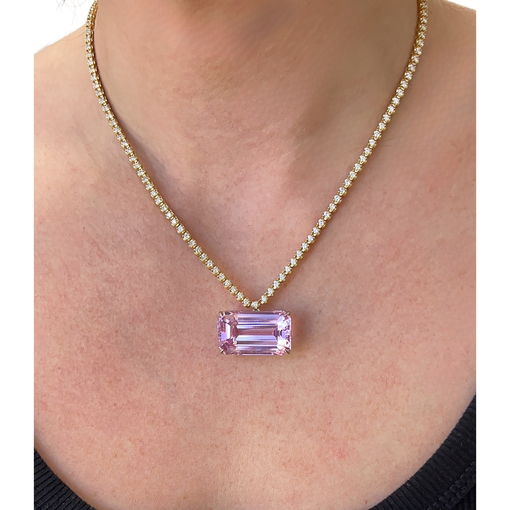 Emerald Cut Kunzite Drop Tennis Necklace