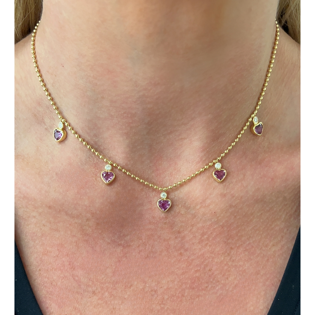 Pink Sapphire & Diamond Bezel Heart Bead Chain Necklace