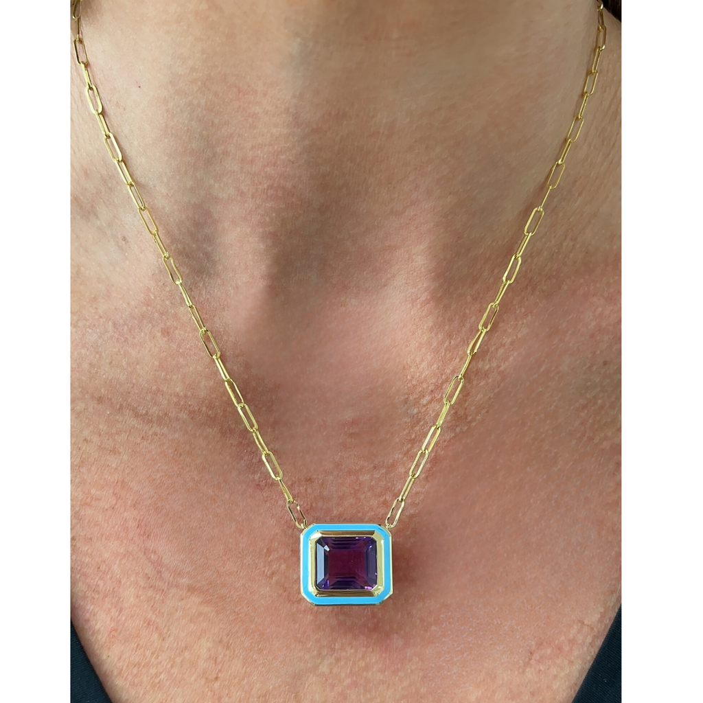 Emerald Cut Amethyst Blue Enamel Necklace