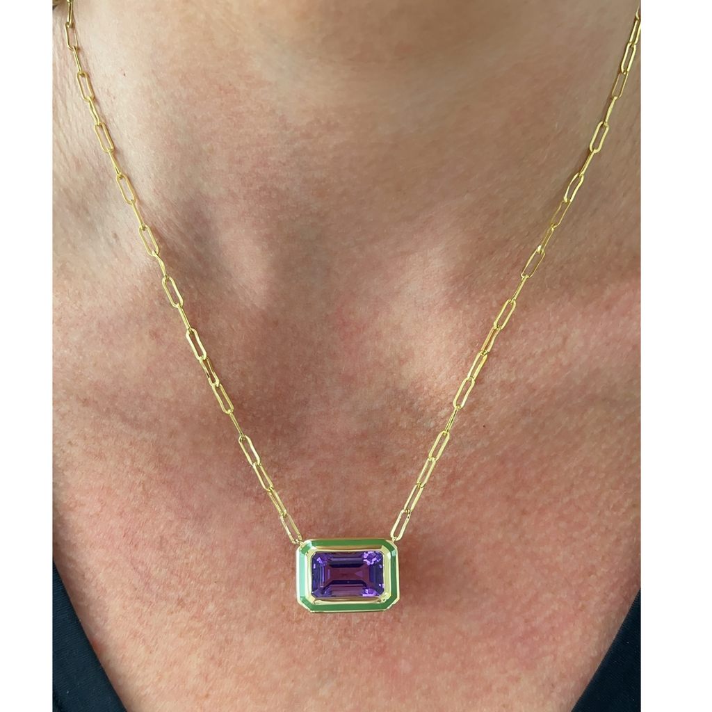 Emerald Cut Amethyst Green Enamel Necklace