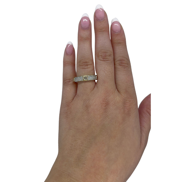 Bezel Emerald Inlay Triple Row Band on hand
