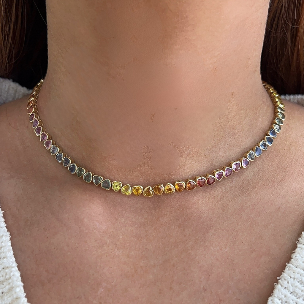 Bezel Alternating Heart Rainbow Sapphire Tennis Necklace