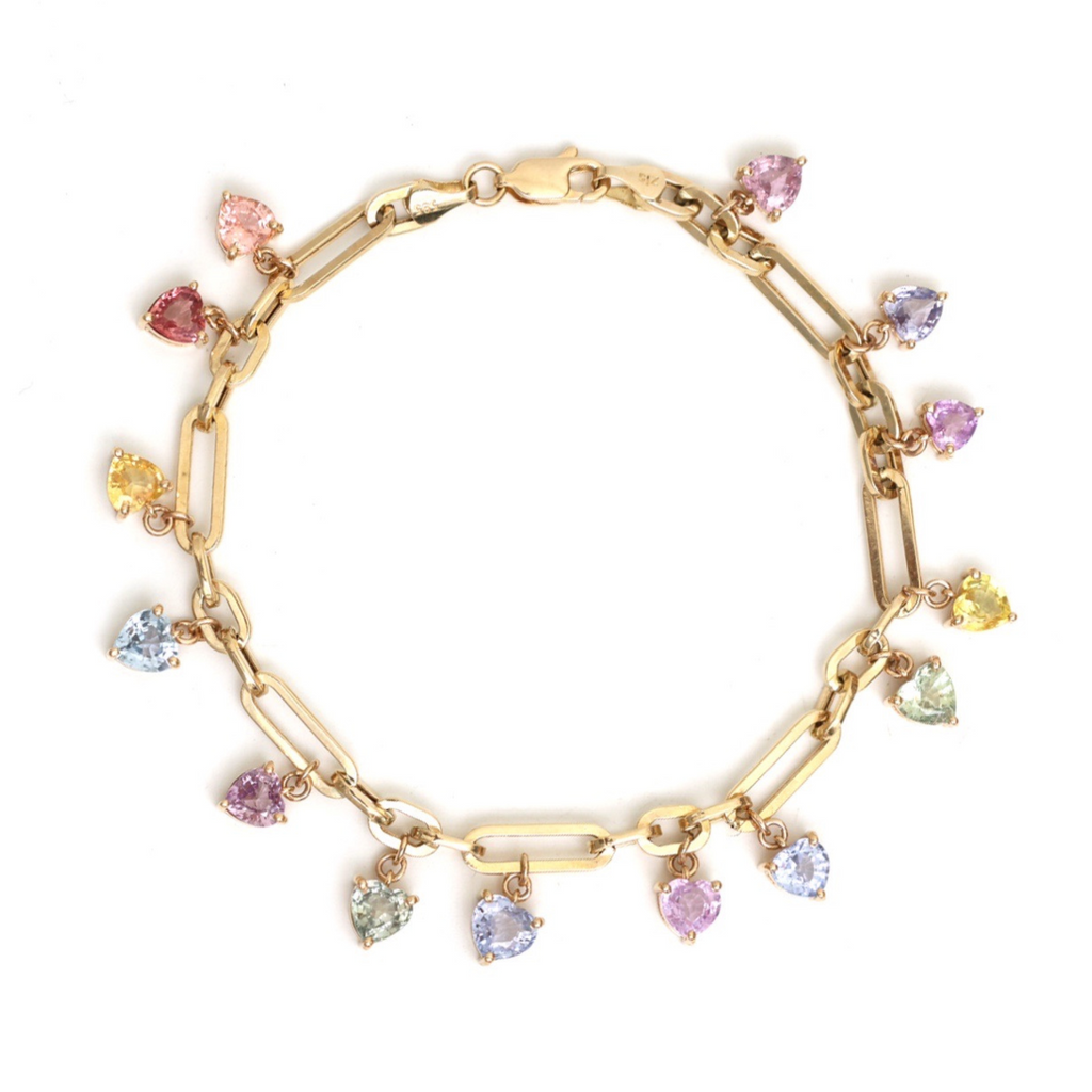 Rainbow Sapphire Dangle Heart Charm Bracelet