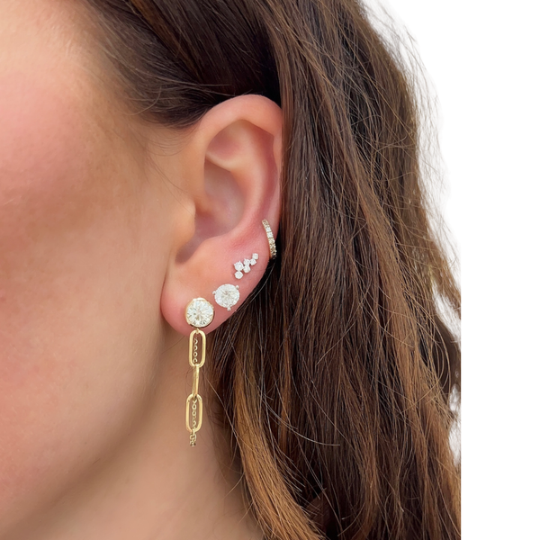 Gold Lab-Grown Bezel Round Paperclip Chain Dusters in ear