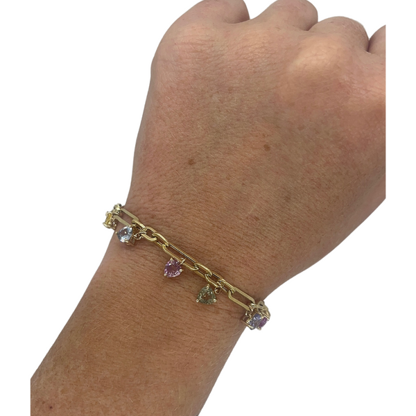 Rainbow Sapphire Dangle Heart Charm Bracelet