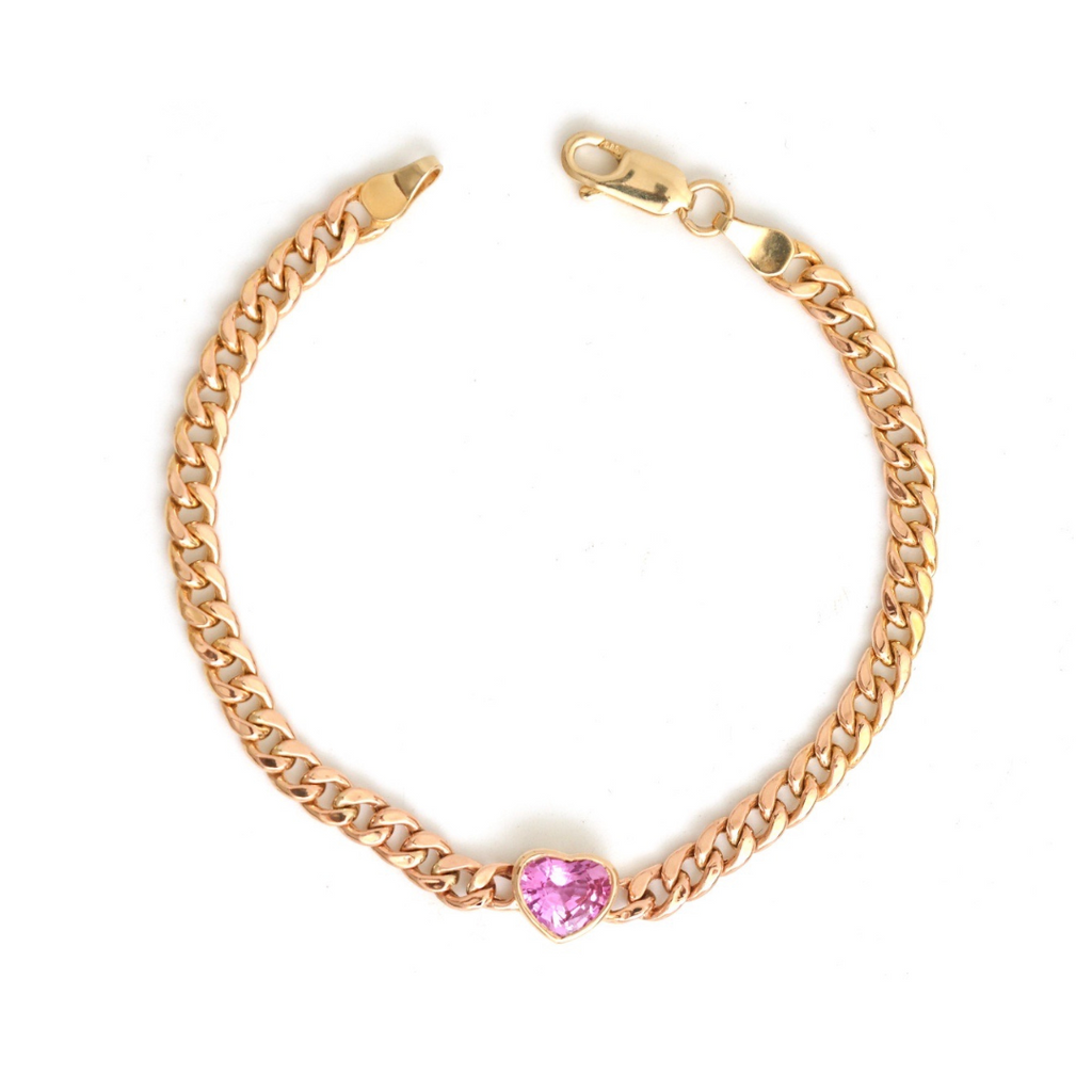 Pink Sapphire Bezel Heart Cuban Chain Bracelet