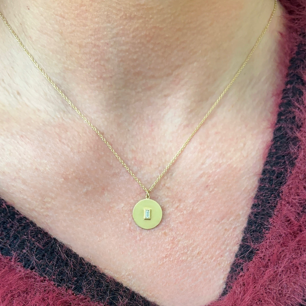 Diamond Baguette Disc Pendant Necklace on neck