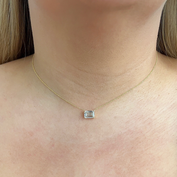 Lab-Grown E/W Emerald Cut Pendant Necklace on neck