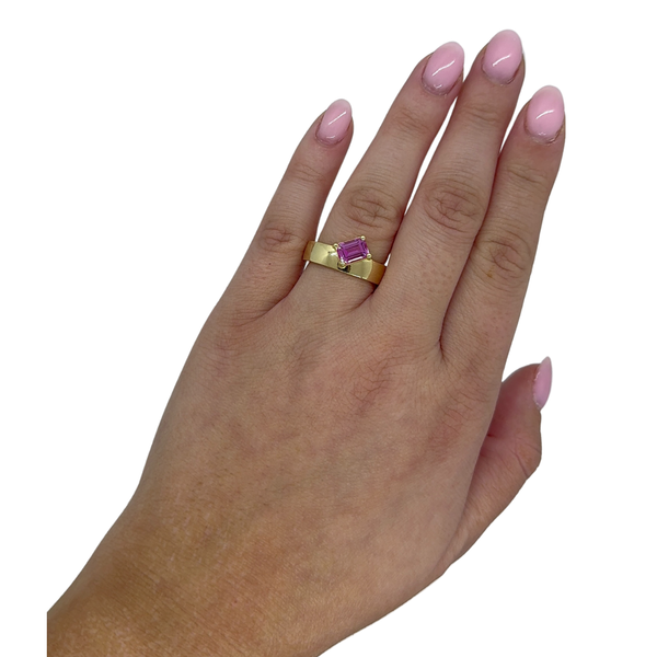 Lab-Grown Emerald-Cut Offset Pink Sapphire Cigar Ring
