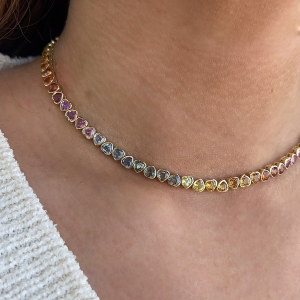 Bezel Alternating Heart Rainbow Sapphire Tennis Necklace