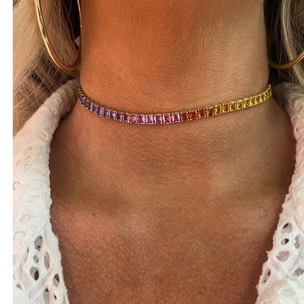 Halfway Tennis Rainbow Sapphire Choker Necklace