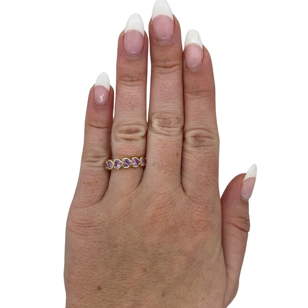 Lab-Grown Bezel Pink Sapphire Heart Ring on hand
