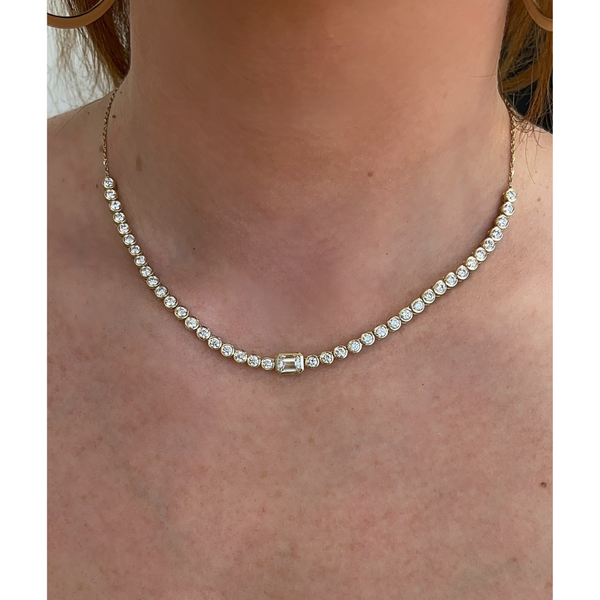 Lab-Grown Halfway Round & Emerald Bezel Necklace on neck