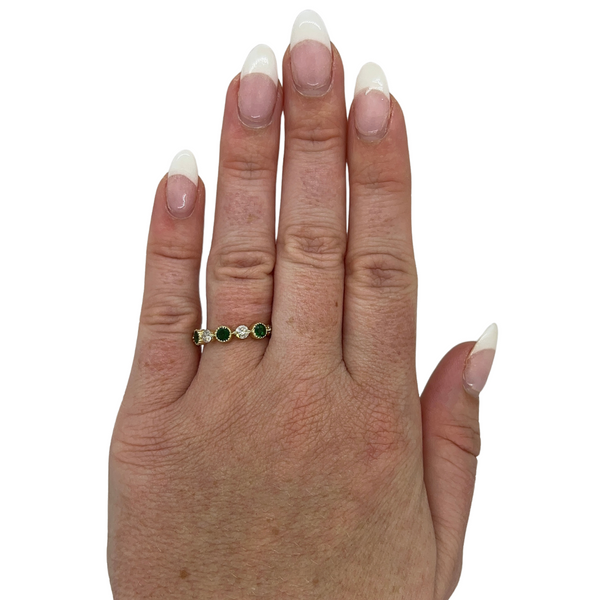 Alternating Milgrain Bezel Emerald & Diamond Bubble Band on hand