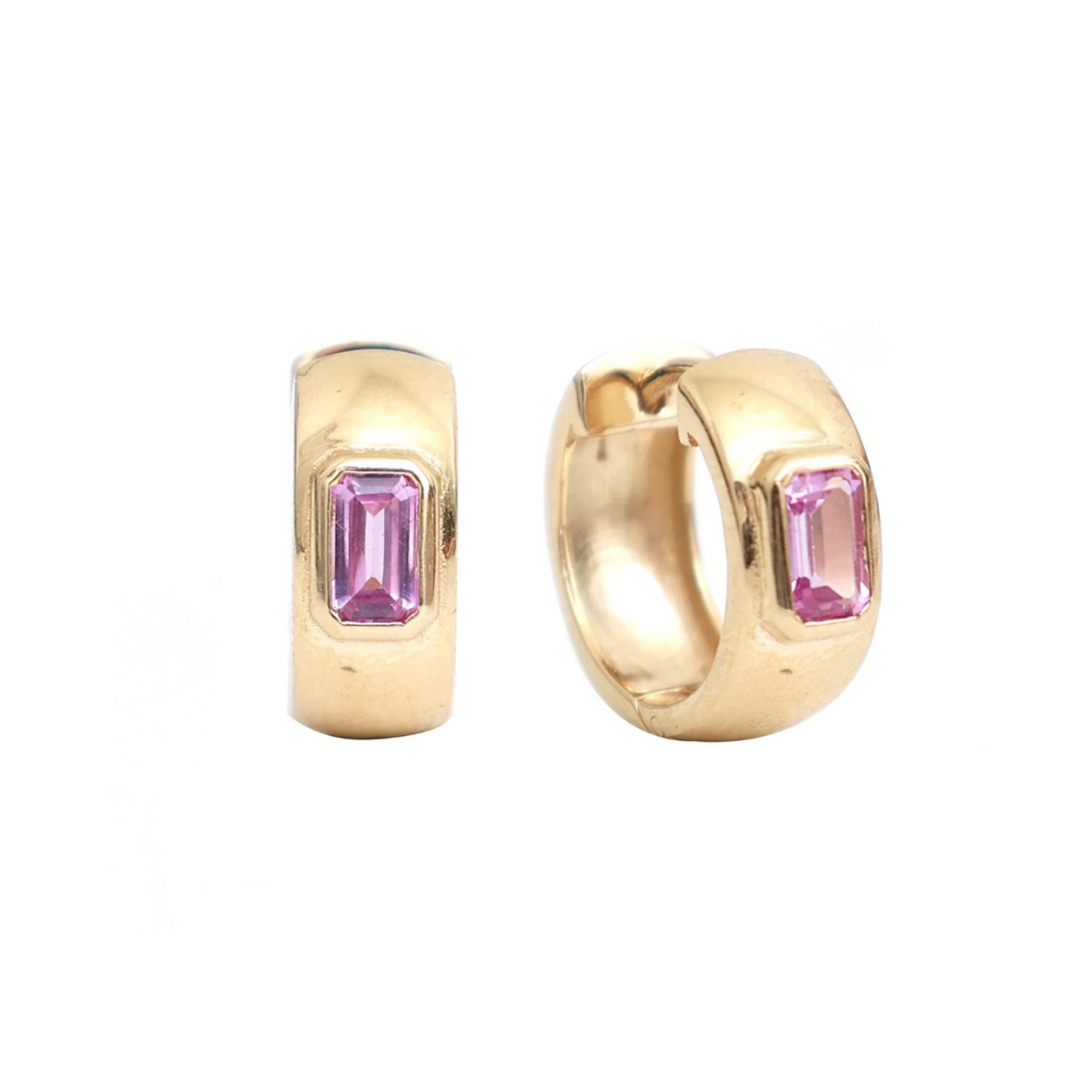 Inlay Pink Sapphire Gold Huggies
