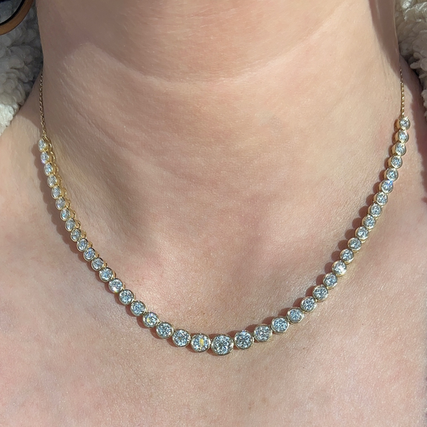 Lab-Grown Bezel Graduated Round Halfway Tennis Necklace