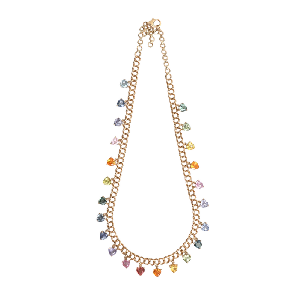 Rainbow Sapphire Dangle Heart Cuban Chain Necklace