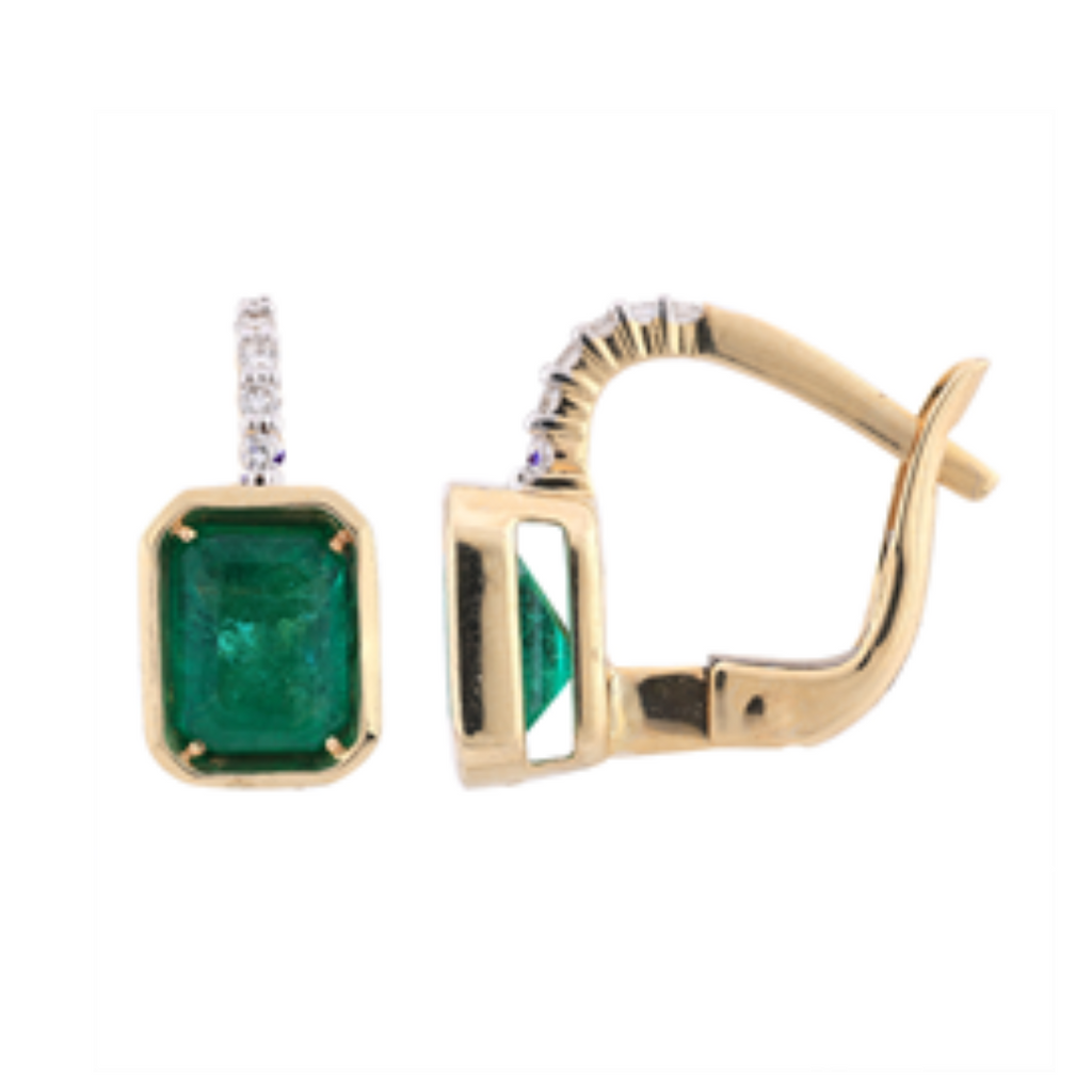 Bezel Emerald & Diamond Dangle Earrings