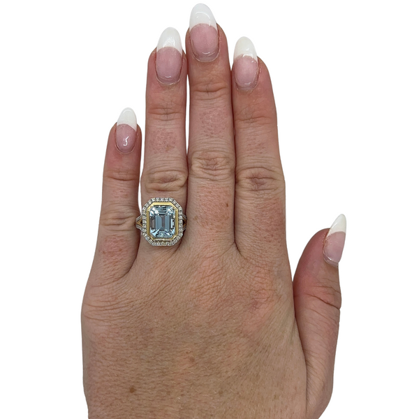 Two Tone Aquamarine Gemstone Bezel Halo Cocktail Ring