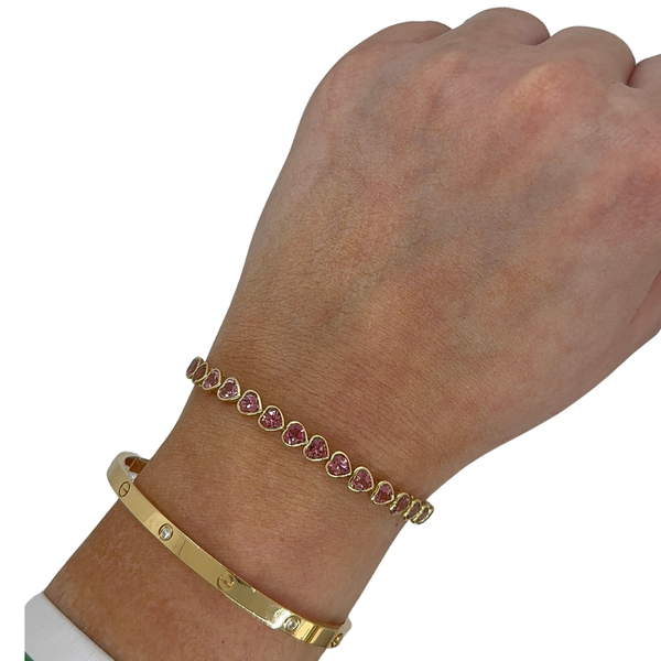 Pink Tourmaline Bezel Set Heart Tennis Bracelet