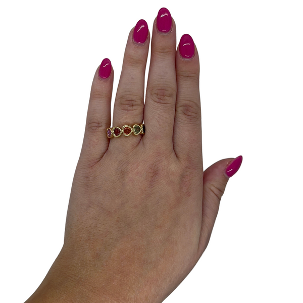 Bezel E/W Heart Rainbow Sapphire Ring on hand