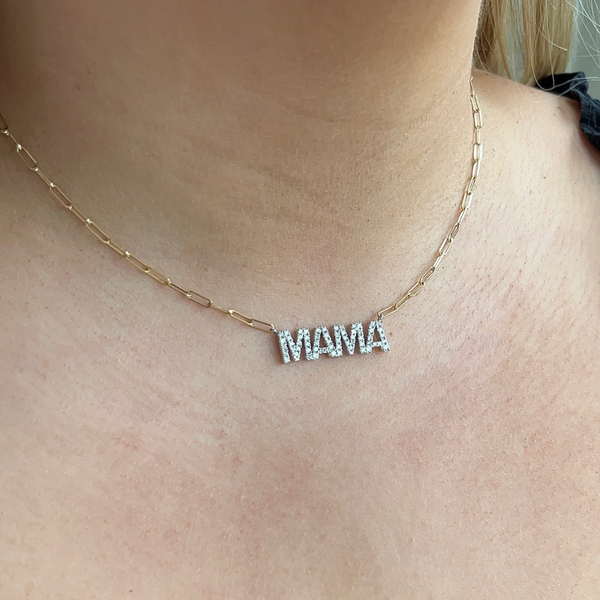 Paperclip Chain Diamond Mama Necklace on neck