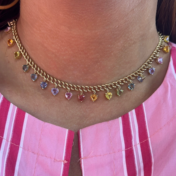 Rainbow Sapphire Dangle Heart Cuban Chain Necklace on neck