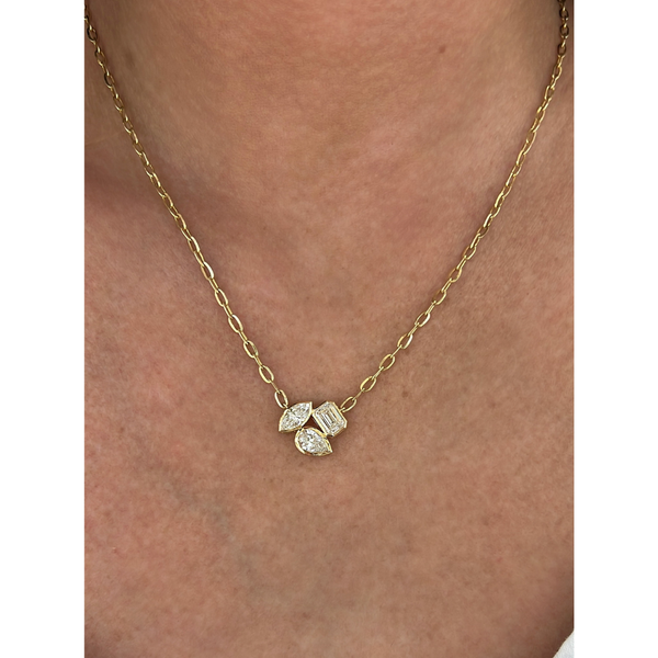 Lab-Grown Bezel 3 Stone Multi-Shape Pendant Paperclip Necklace on neck