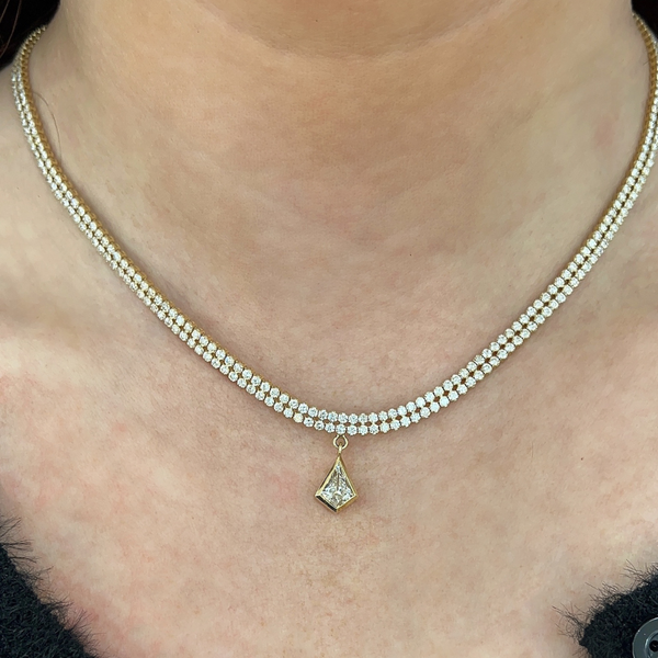Lab-Grown Diamond Bezel Kite Pendant Double Row Choker Necklace on neck