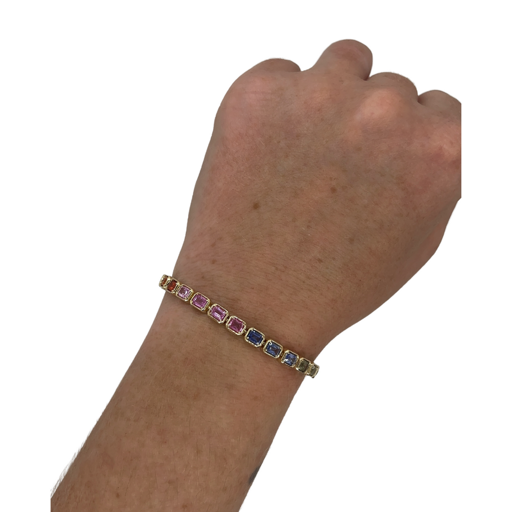 Bezel E/W Emerald Cut Rainbow Sapphire Tennis Bracelet