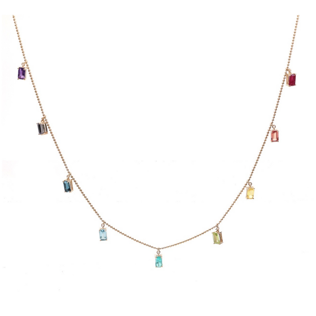 Rainbow Sapphire Dangle Emerald Cut Bead Chain Necklace
