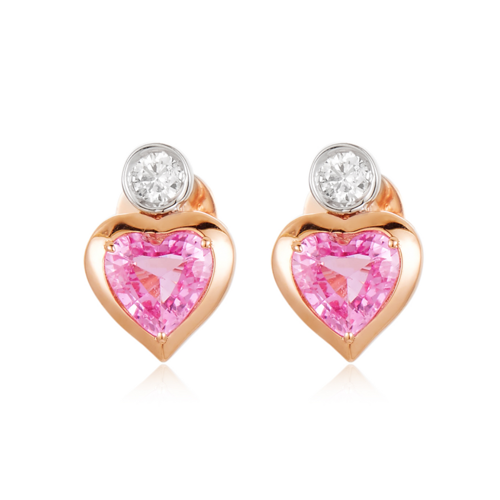 Two Tone Bezel Diamond & Pink Sapphire Heart Studs