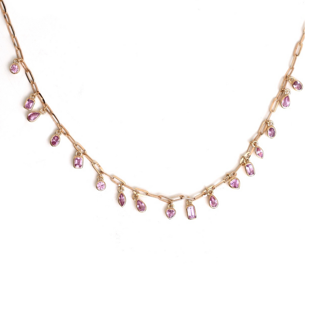 Bezel Multi-Shape Pink Sapphire Paperclip Dangle Necklace