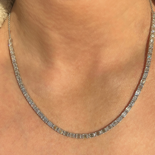Lab-Grown E/W Emerald Halfway Tennis Necklace on neck