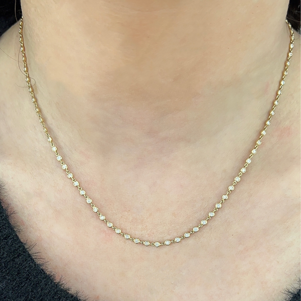 Lab-Grown Diamond Dainty Bezel Round Choker Necklace on neck