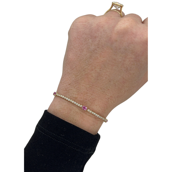 Diamond & Oval Pink Sapphire Adjustable Tennis Bracelet on wrist
