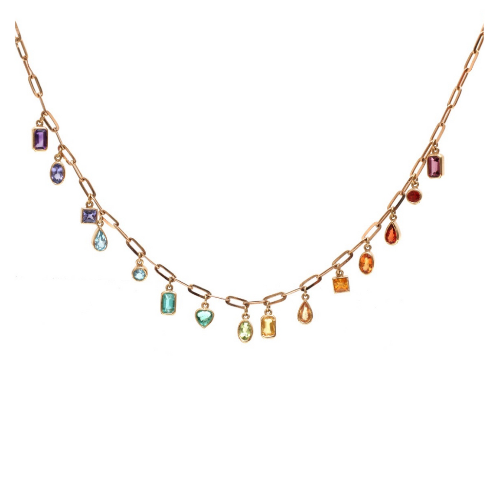 Bezel Multi-Shape Rainbow Sapphire Paperclip Dangle Necklace