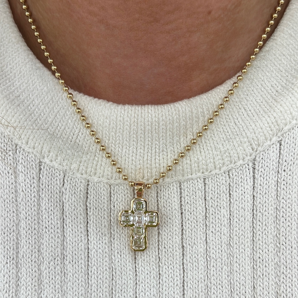 Lab-Grown Bezel Asscher Cut Diamond Cross Bead Chain Necklace