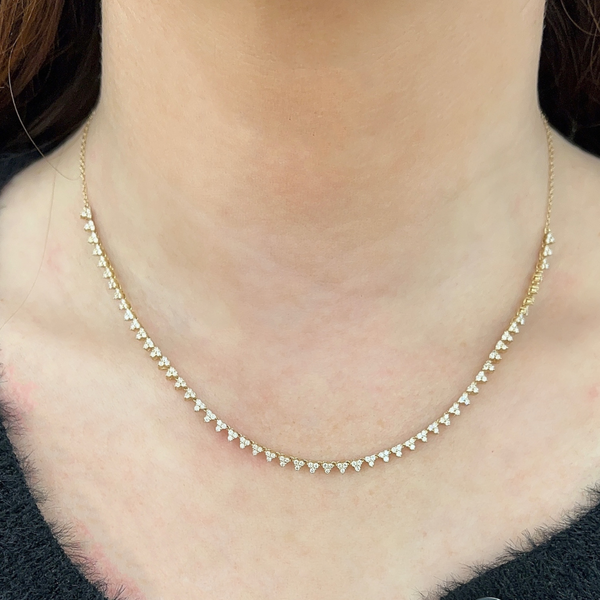 Lab-Grown Dainty Round Diamond Three Stone Half Chain Necklace on neck