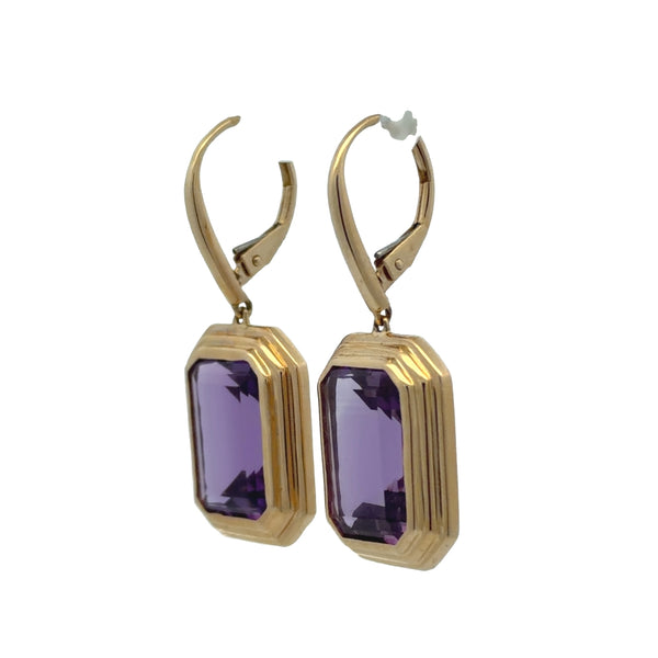 Bezel Emerald Cut Amethyst Dangle Earrings