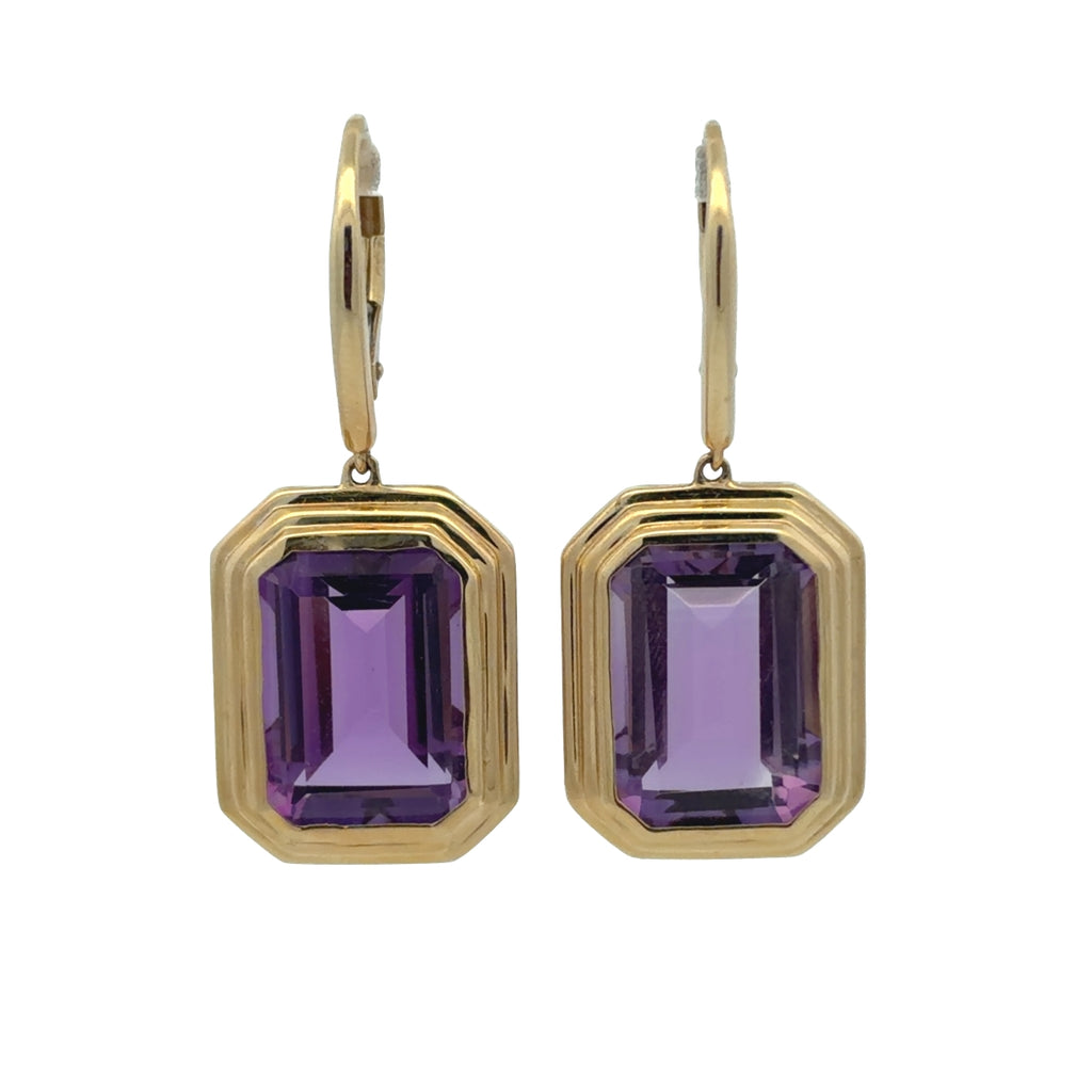 Bezel Emerald Cut Amethyst Dangle Earrings