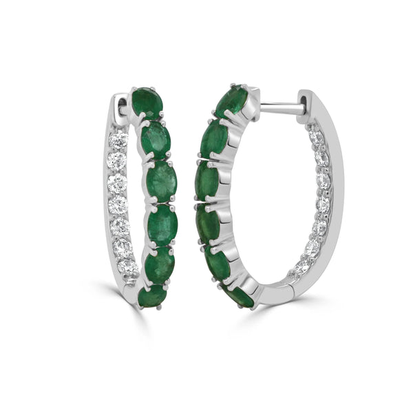 Oval Emerald and Diamond Inside Hoop Earrings