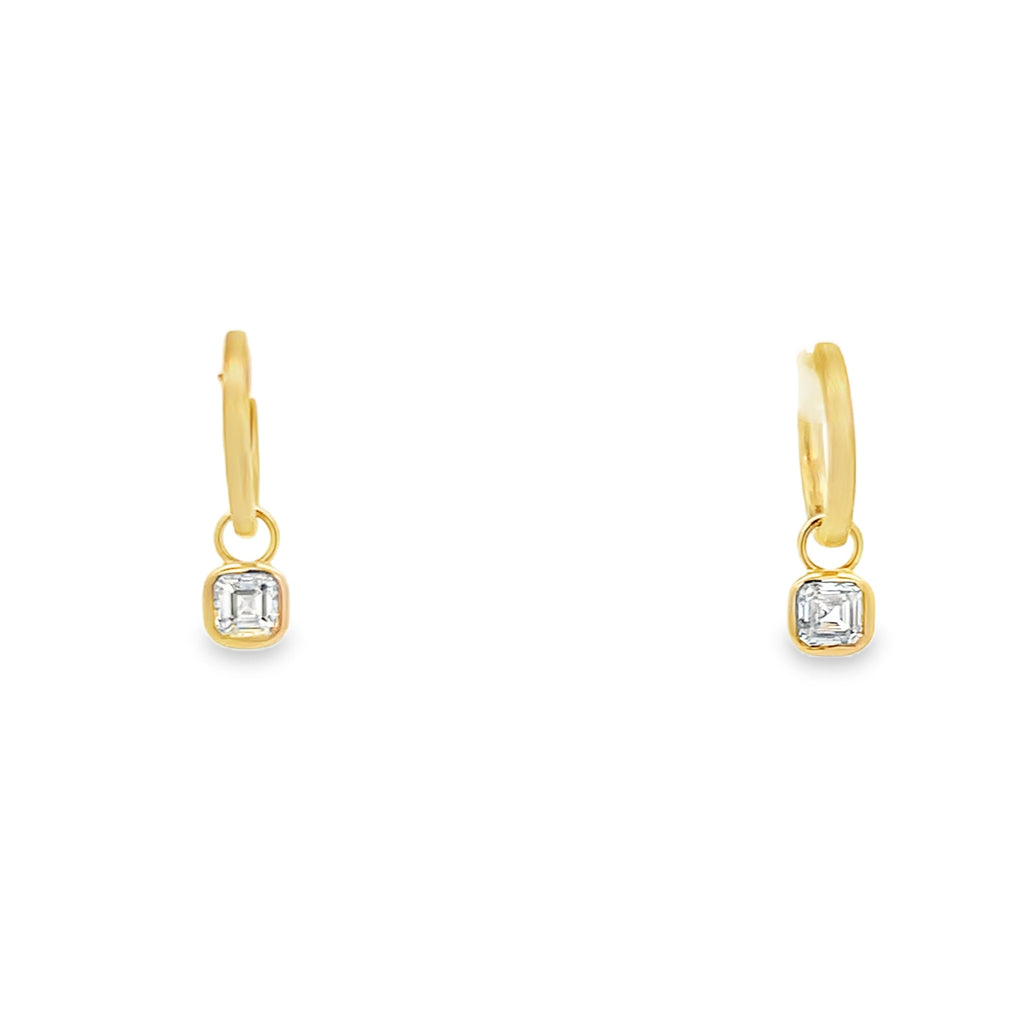 Yellow Gold Lab-Grown Bezel Asscher Charm Brushed Gold Huggies