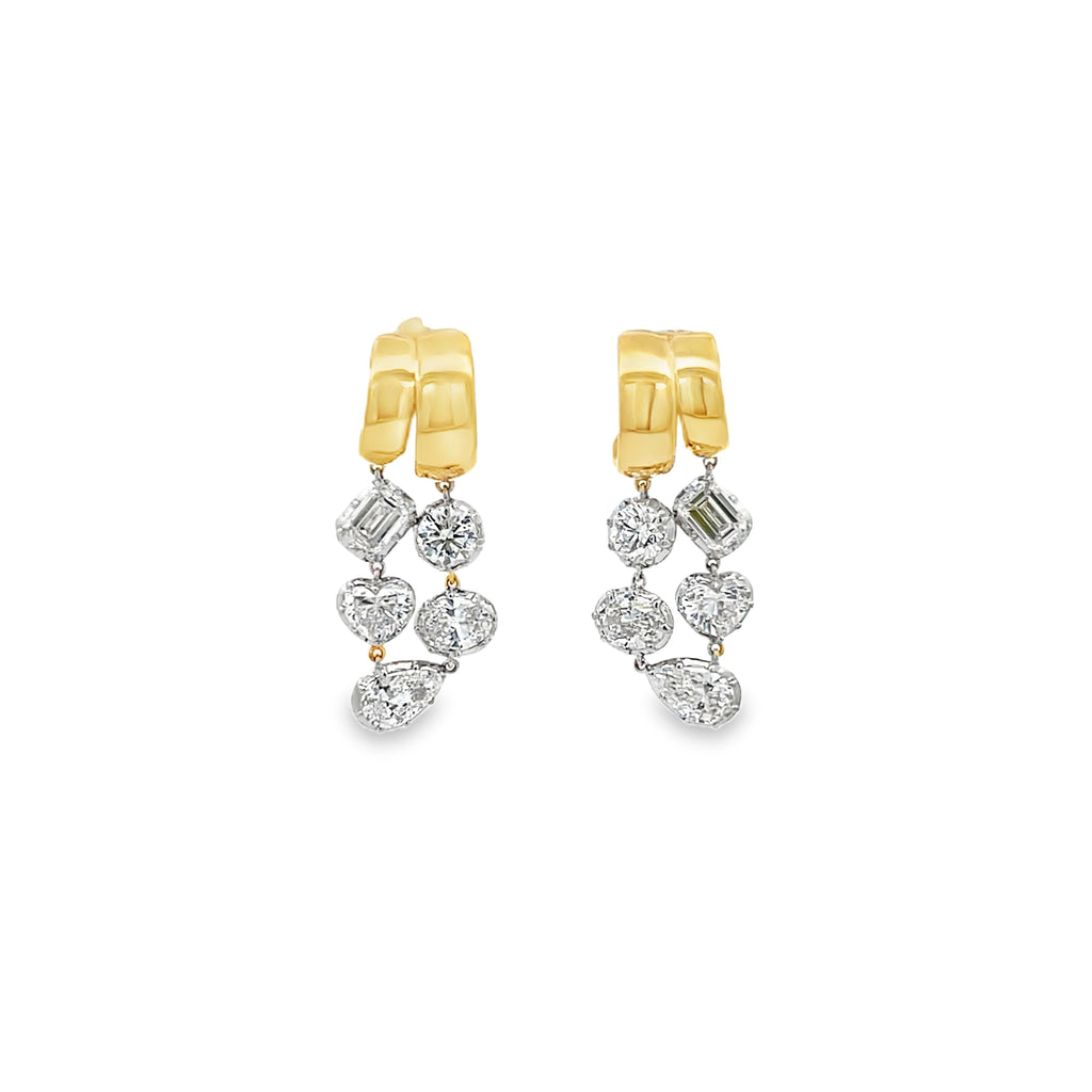 14K Yellow Gold Lab-Grown Diamond Black Rhodium Georgian Set Split Multi-Shape Hoop Dangle Earrings