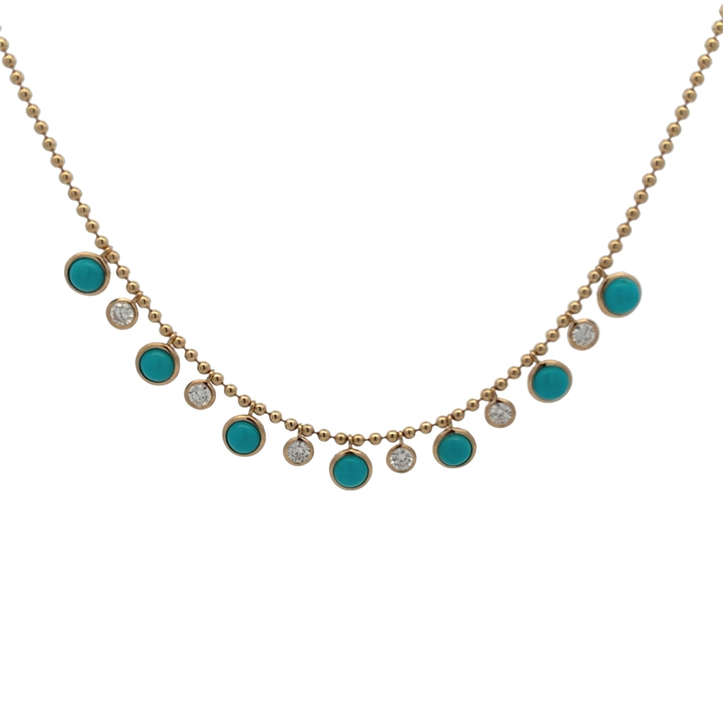 Bezel Turquoise & Diamond Bead Chain Dangle Necklace